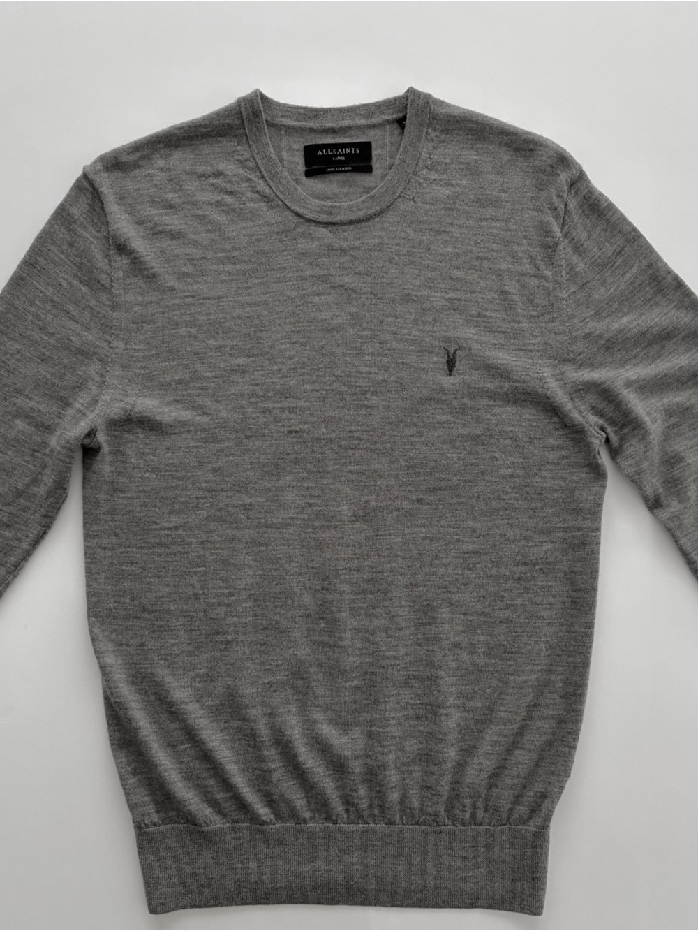 AllSaints 100% Merino Wool Gray Crewneck Sweater Men’s Size Large Lightweight - Picture 2 of 8